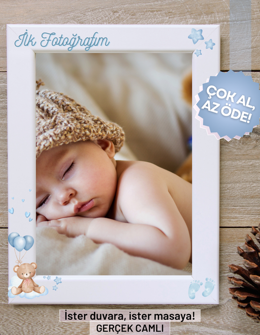 İlk Fotoğrafım Konsept Çerçeve Hediyelik Erkek Bebek Çocuk Özel Gerçek Cam ayaklı-duvara