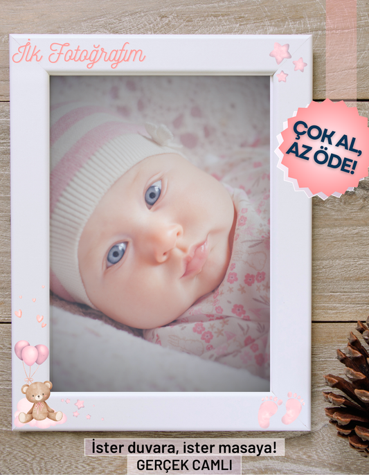 İlk Fotoğrafım Konsept Çerçeve Hediyelik Kız Bebek Çocuk Özel Gerçek Cam ayaklı-duvara